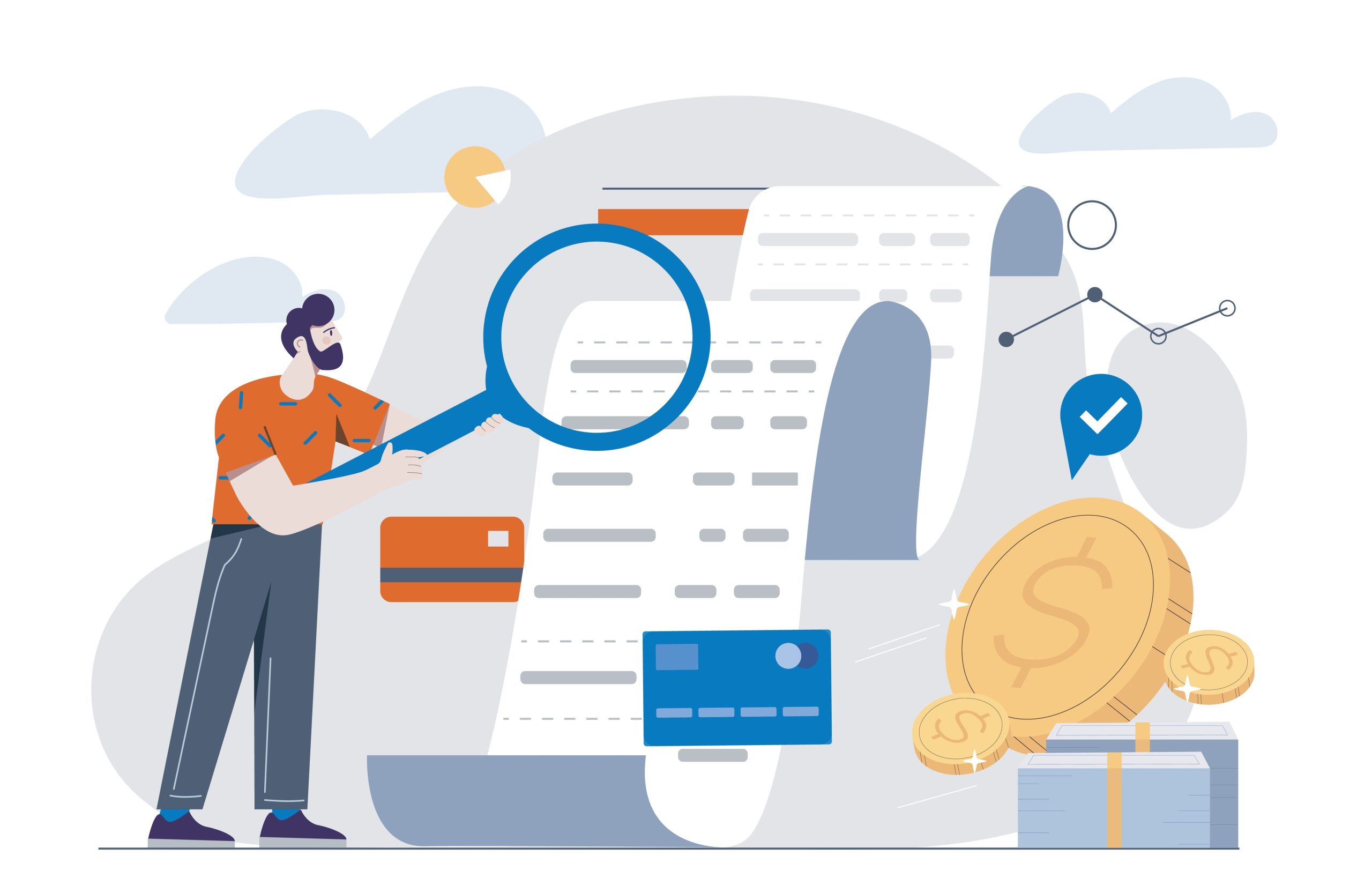 Man,Analyzing,Financial,Report,With,Magnifying,Glass,,Surrounded,By,Credit